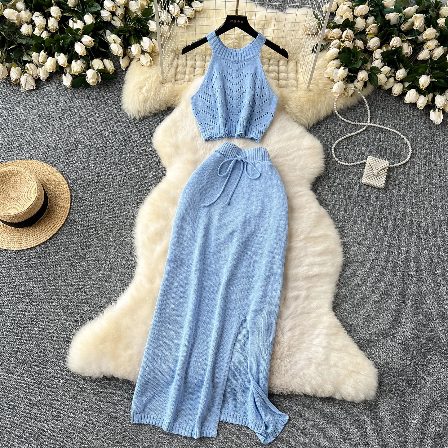 SINGREINY Verão Suave Malha 2 pcs Conjuntos Mulheres Halter Sem Mangas Camis + Bodycon Split Saia Com Cordão Oco Out Ternos De Férias