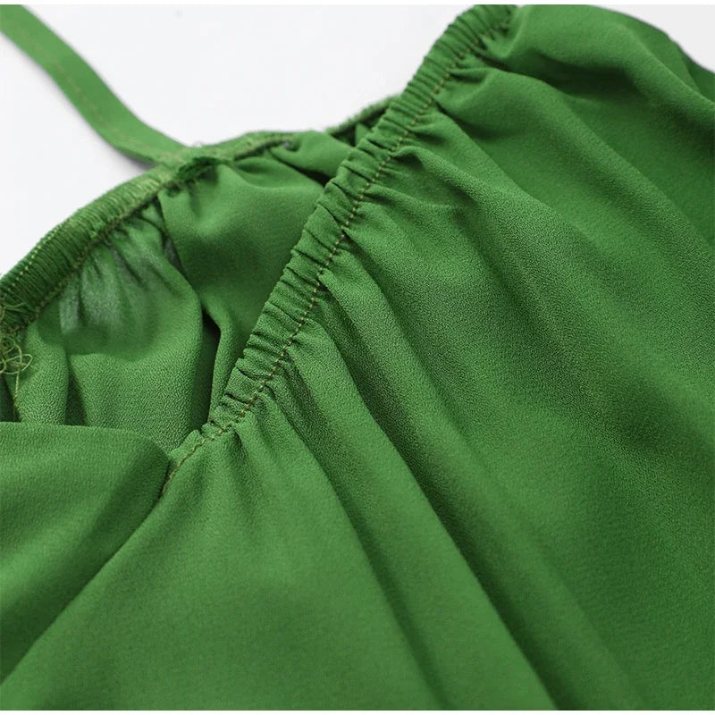 Moda Feminina Chiffon Plissado Lace Up Cintura Alta Mini Vestido Chic Verde Oco Out Manga Cheia A Linha de Vestidos Senhora Vestes de Praia