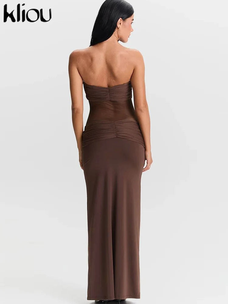 kliou Malha Suspendência Mulheres Maxi Vestido Sexy Ver Através Amarrado Patchwork Gola Baixa Sem Encosto Bodycon Feminino Moda Festa Vestidos