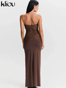 kliou Malha Suspendência Mulheres Maxi Vestido Sexy Ver Através Amarrado Patchwork Gola Baixa Sem Encosto Bodycon Feminino Moda Festa Vestidos