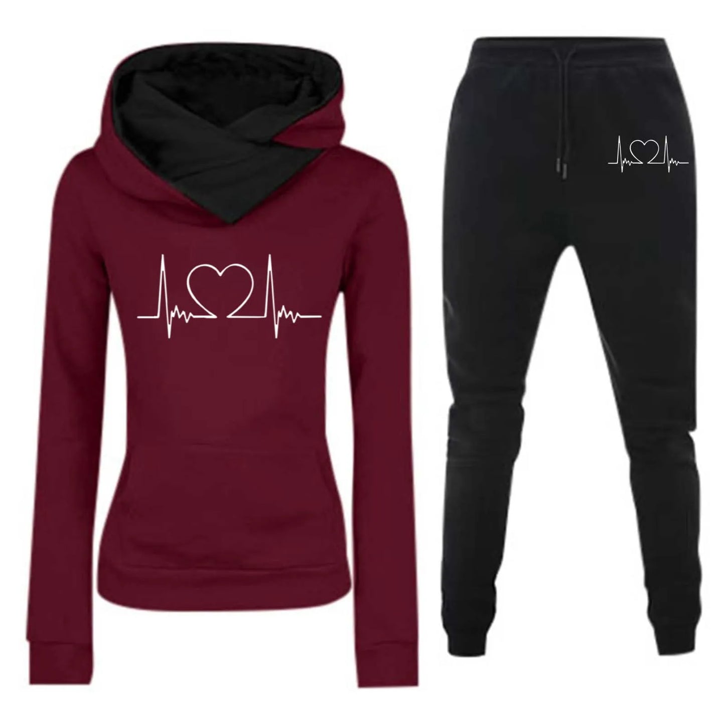 Mulheres Moletom Outono/Inverno Batimentos Cardíacos Frequência Impresso Veludo Moletom com Capuz Conjunto Casual