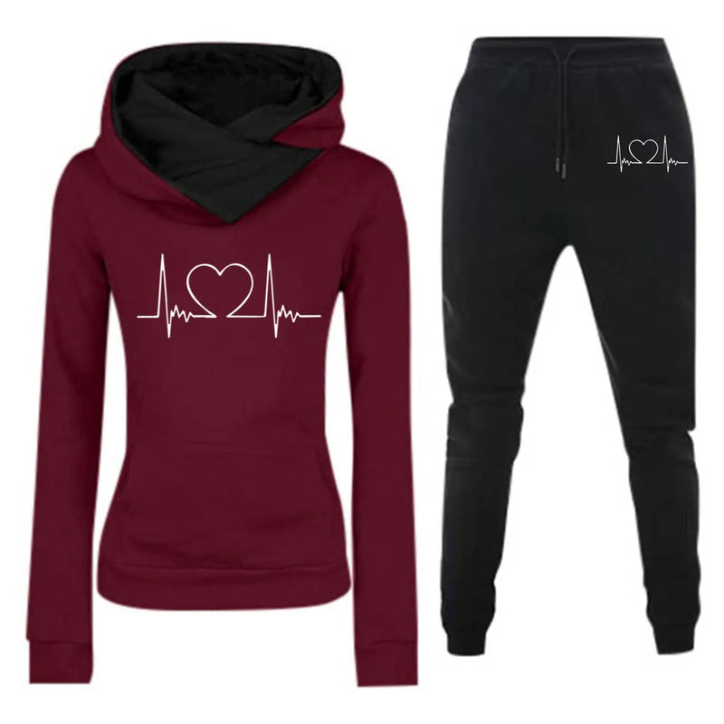 Mulheres Moletom Outono/Inverno Batimentos Cardíacos Frequência Impresso Veludo Moletom com Capuz Conjunto Casual