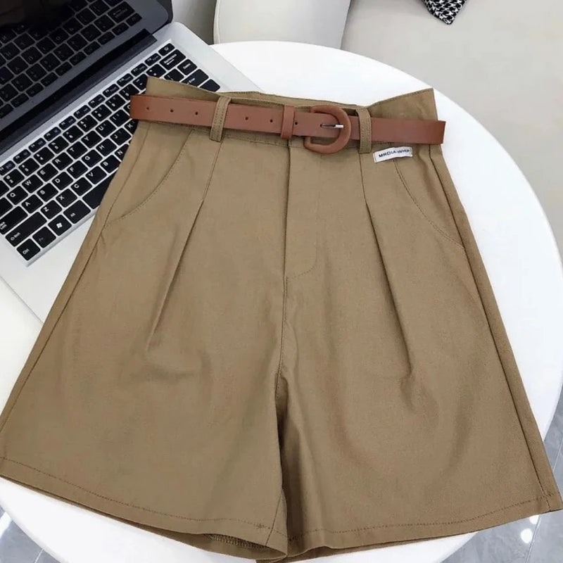 2024 Shorts de perna larga de verão para mulheres cintura alta casual algodão jeans calças curtas com cinto Shorts femininos coreanos da linha A da menina