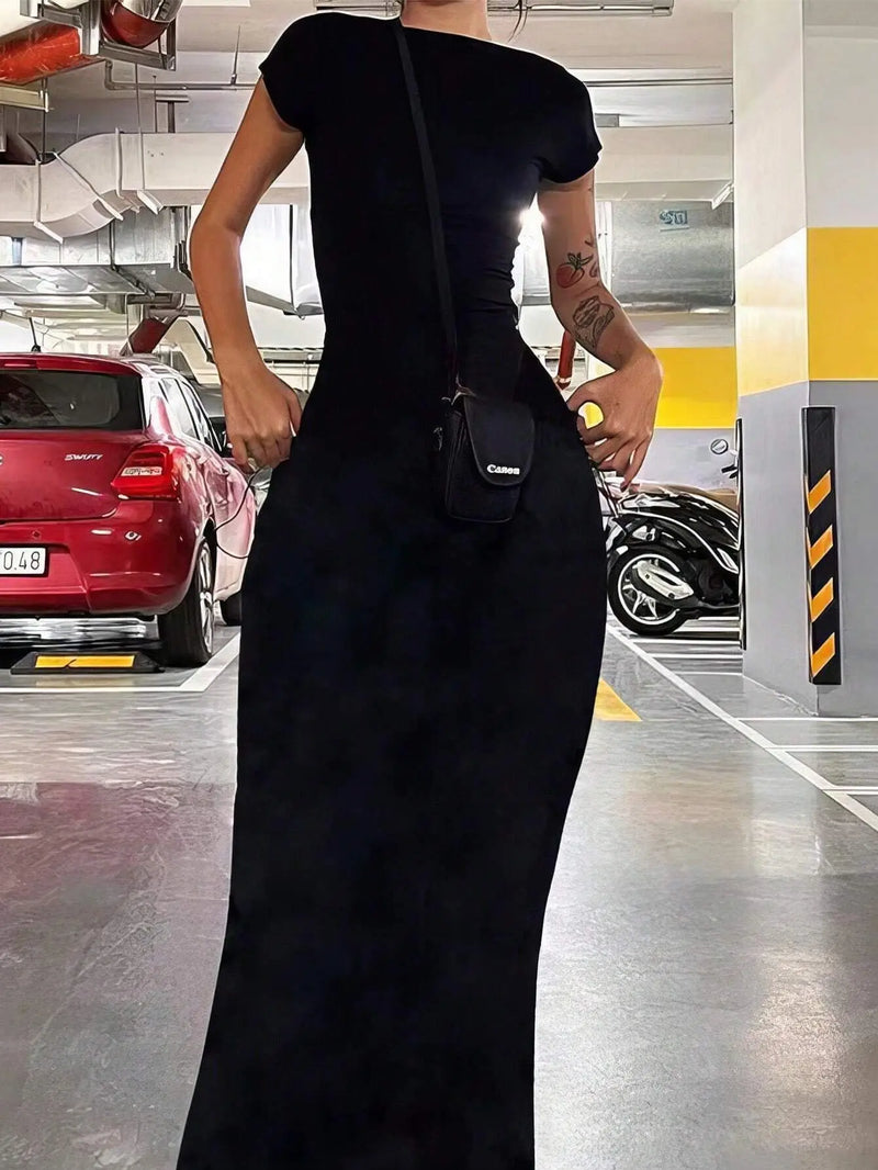 Coreano Sólido Sexy Backless Maxi Vestido Mulheres Elegante Elástico Slim Manga Curta Vestidos Longos Feminino Bodycon Streetwear Roupas
