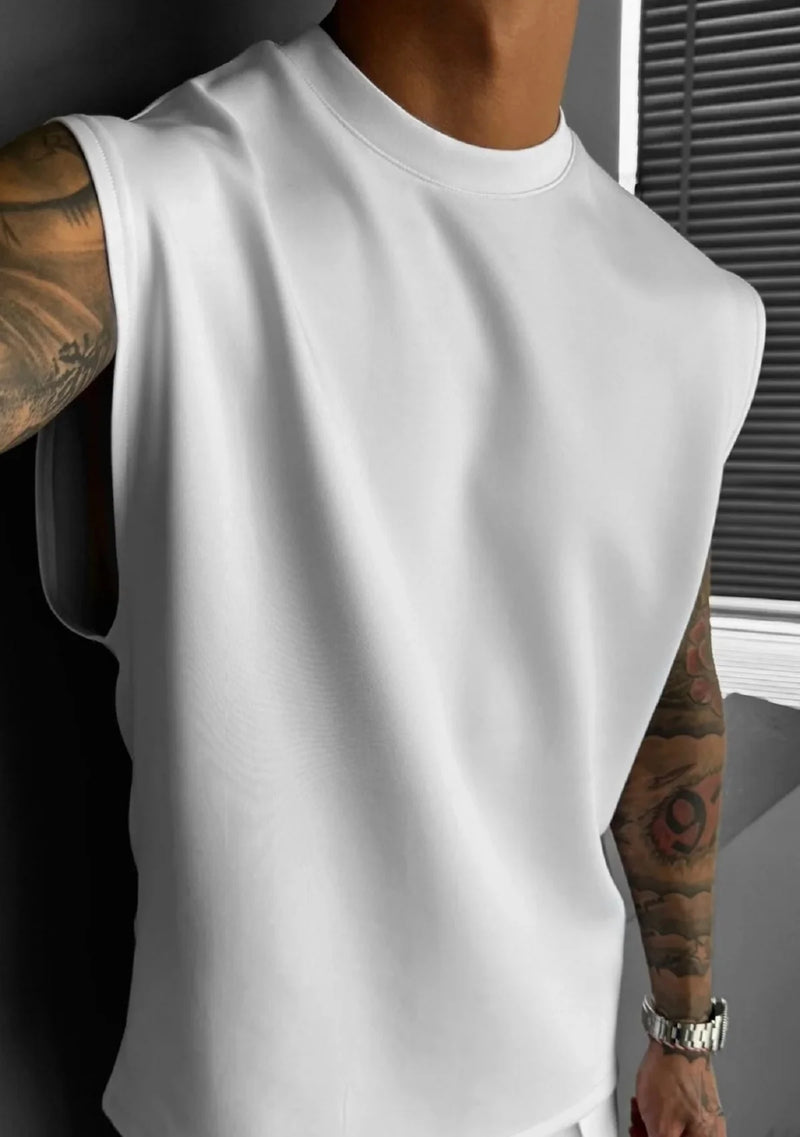 2025 Verão novo masculino moda esportiva calças casuais colete conjunto solto sem mangas T-shirt conjunto de cor sólida