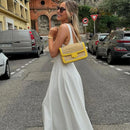 Elegante Branco Plissado A Linha Grande Hem Vestido de Festa Moda Feminina Slash Neck Slim Backless Vestidos 2025 Vestes Femininas Do Clube Verão