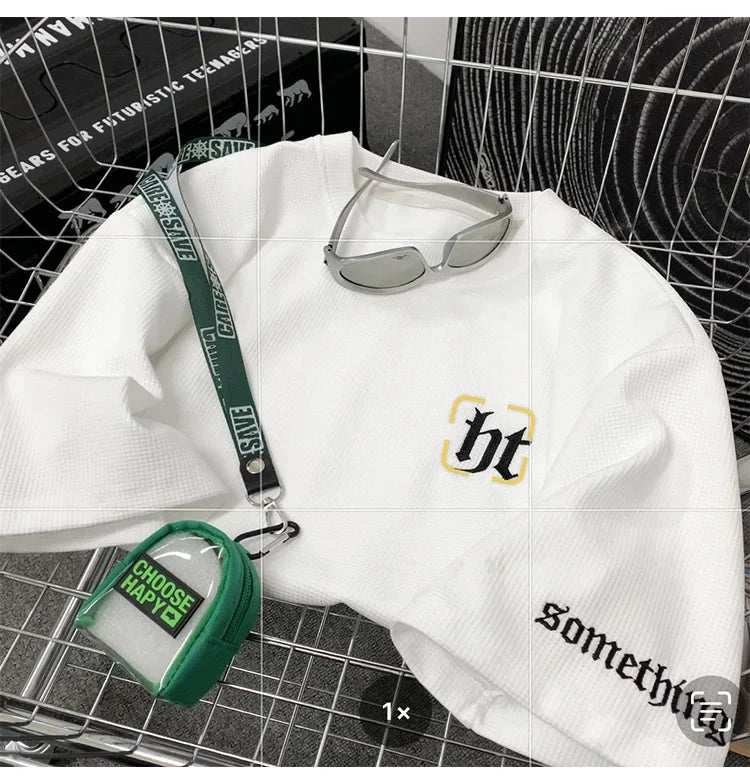 Hefty Walfr Checks Estilo Japonês Ins Camiseta de Manga Curta para Homens Primavera Verão Juventude Oversize Gola Redonda Meia Manga