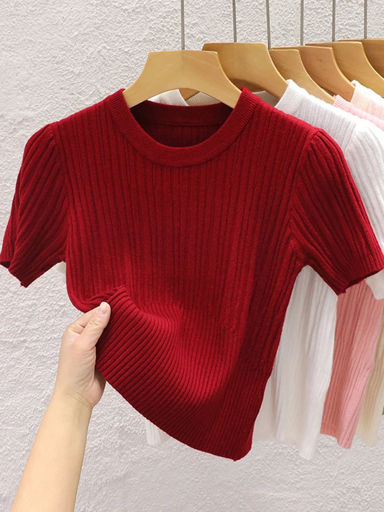 Camisetas de verão para mulheres Casual Feminino Coreano Malha Streetwear Tees Básico Sólido Jovem Cool Tops