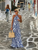 Fashion Trend Print Halter Neck Long Dresses Women Sexy Backless Sleeveless Vacation Style Maxi Dress Female Summer New Vestidos