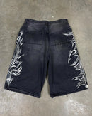 Shorts Jeans com Estampa de Grafite de Geometria Gótica Retro Americana Homens Mulheres Y2k Cintura Baixa Folgada na Altura do Joelho Jorts Curto