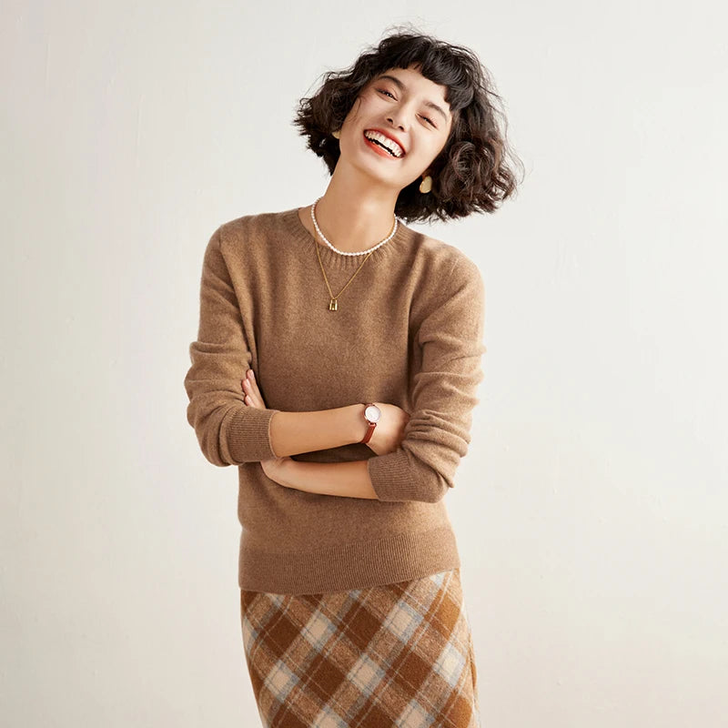 Pulôver feminino outono/inverno 100% puro suéter de caxemira casual suéter de malha gola redonda solto Tops básico versátil Blusa