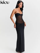 kliou Malha Suspendência Mulheres Maxi Vestido Sexy Ver Através Amarrado Patchwork Gola Baixa Sem Encosto Bodycon Feminino Moda Festa Vestidos