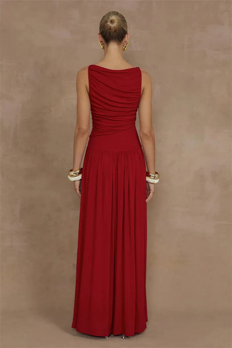 Mozision Elegante Sem Mangas Maxi Vestido Para As Mulheres Moda Sólida Barco Pescoço Tanque Vestidos Senhoras Sexy Ruched Vestido Longo Novo Vestido