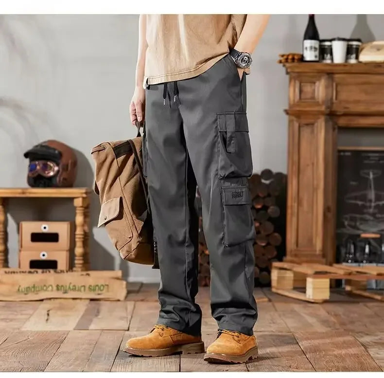 2024 Novas Calças Cargo Masculinas Soltas de Perna Reta Multi-Bolso Calças de Trabalho Vintage Calças Casuais Versáteis Modernas Primavera Outono