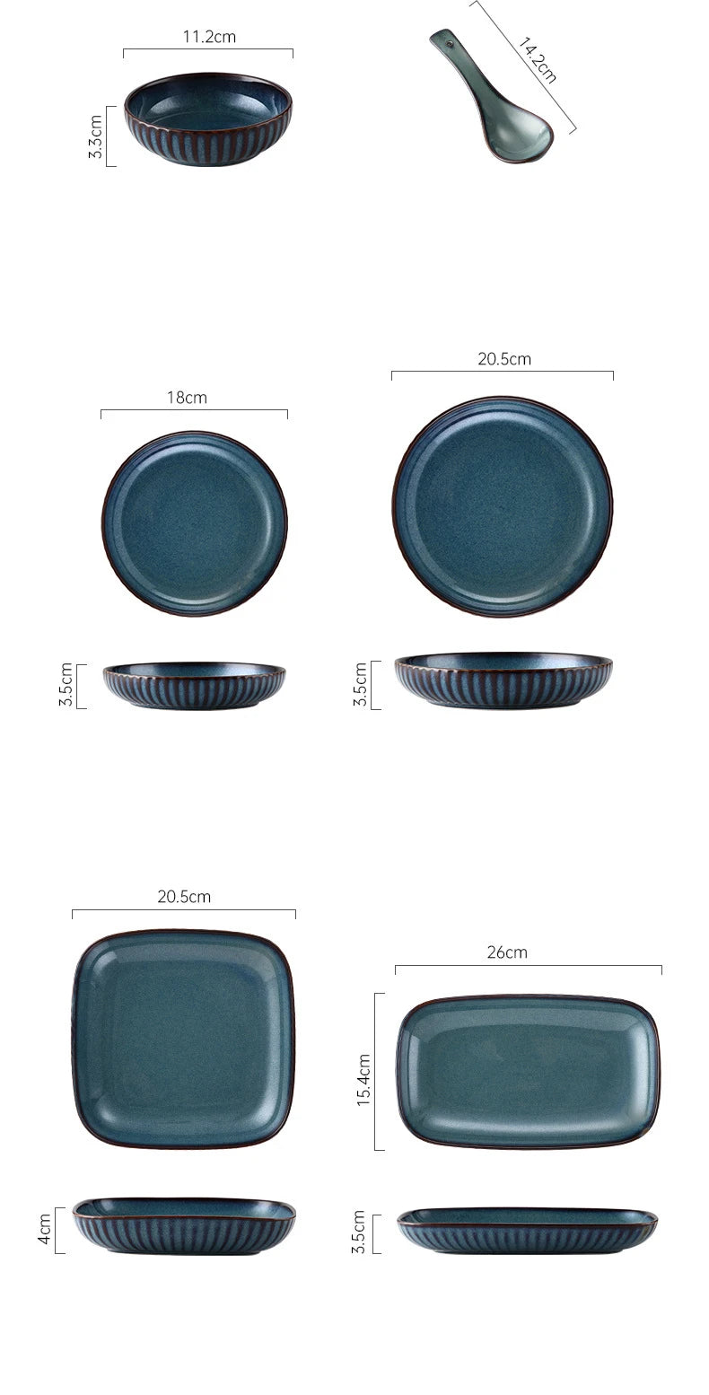 Pratos de cerâmica vitrificada em forno azul, pratos de jantar para micro-ondas, tigelas de salada de arroz redondas, talheres domésticos