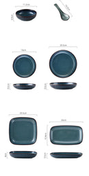 Pratos de cerâmica vitrificada em forno azul, pratos de jantar para micro-ondas, tigelas de salada de arroz redondas, talheres domésticos