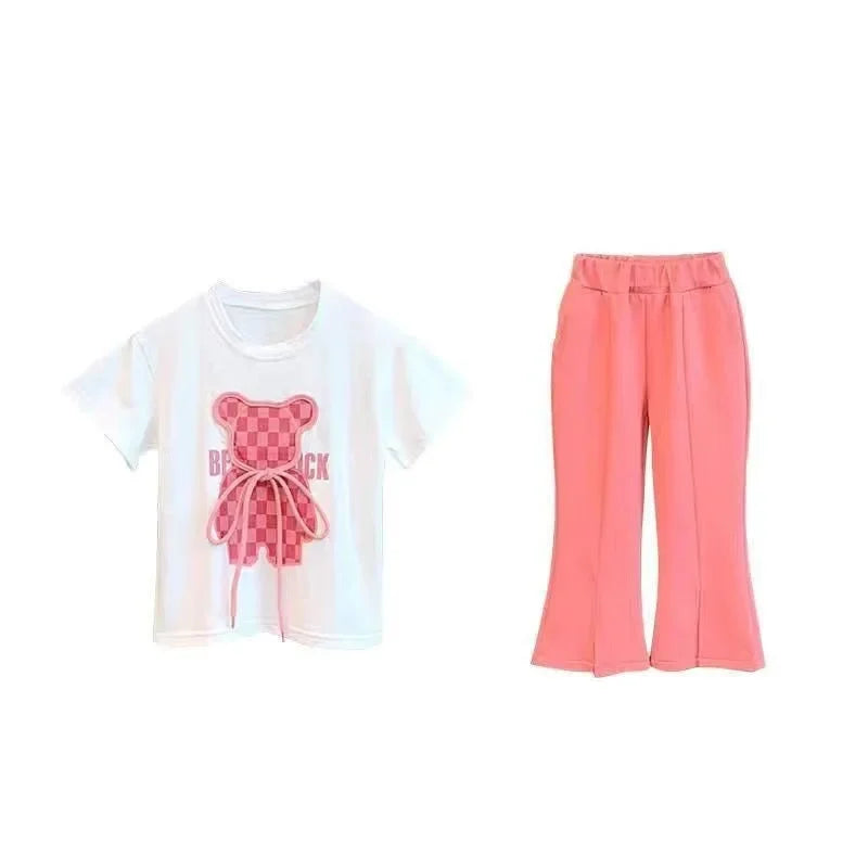 Conjunto de roupas de verão para bebês meninas Camiseta de urso dos desenhos animados infantil e calças largas Terno Crianças de manga curta Top Bottom Tracksuit
