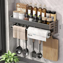 Elegante rack de condimentos de cozinha montado na parede com caixa de armazenamento Suporte multifuncional para utensílios domésticos com dispensador de vinagre de óleo