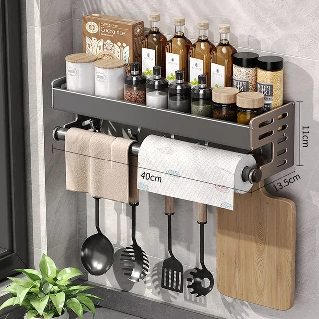 Elegante rack de condimentos de cozinha montado na parede com caixa de armazenamento Suporte multifuncional para utensílios domésticos com dispensador de vinagre de óleo