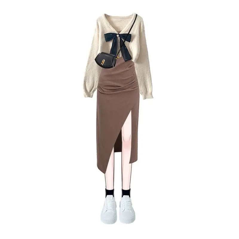 Primavera Outono Novas Suéteres de Malha Femininas Duas Peças 2025 Coreano Elegante Arco Cardigan Strap Saia Conjunto Correspondente Roupas Femininas