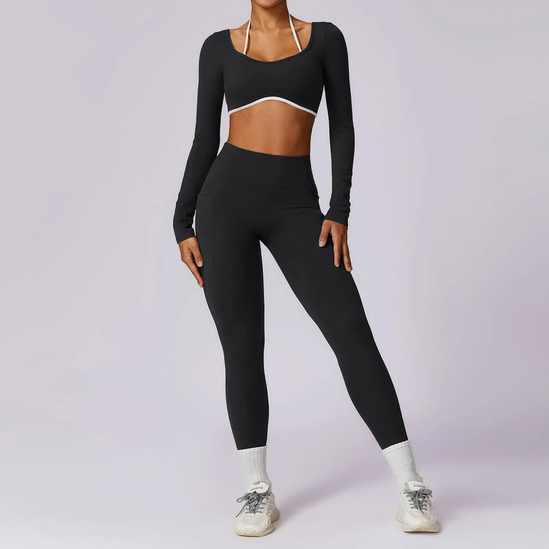2 Peças Mulheres Treino Conjunto de Ioga Treino Sportswear Roupas de Ginástica Fitness Manga Comprida Crop Top Leggings de Cintura Alta Ternos Esportivos