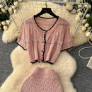 SINGREINY Verão Suave Ternos de Tricô Mulheres Botão Design Manga Curta O Pescoço Tops + Bodycon Saia Gancho Flor Oco 2pcs Set