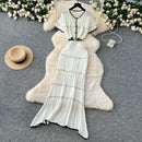 SINGREINY Verão Suave Ternos de Tricô Mulheres Botão Design Manga Curta O Pescoço Tops + Bodycon Saia Gancho Flor Oco 2pcs Set