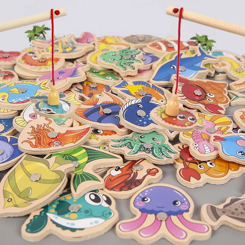 Brinquedos de pesca de madeira Montessori para crianças Vida marinha magnética Cognição Jogos de peixes Brinquedo educativo interativo para pais e filhos