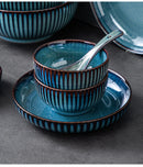 Pratos de cerâmica vitrificada em forno azul, pratos de jantar para micro-ondas, tigelas de salada de arroz redondas, talheres domésticos
