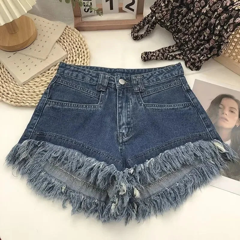 Shorts jeans com franjas avermelhadas rosa verão feminino novo nicho emagrecimento cintura alta picante menina linha A calças de calor de perna larga