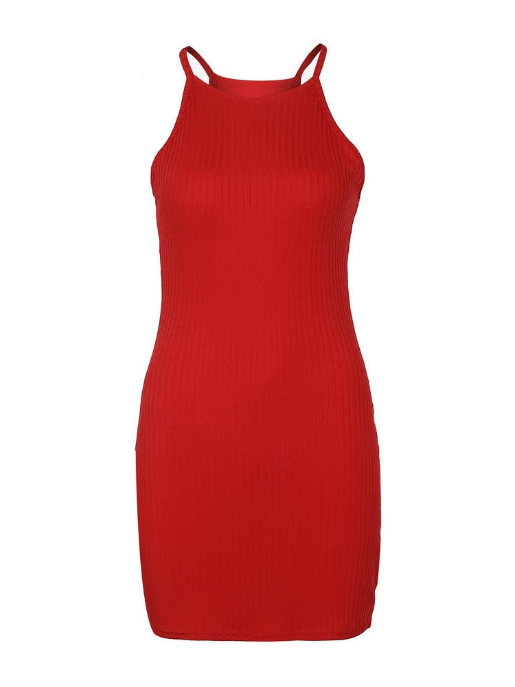 Sexy Rib Stripe Backless Sem Mangas Bodycon Vestido Mulheres Cor Sólida Magro Elegante Halter Vestido Club Party Vestidos