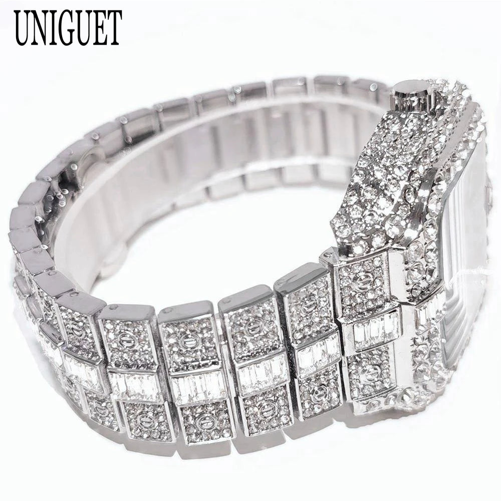 UNIGUET Relógio de Quartzo Azul Para Homens Moda Praça Iced Out Relógio Homem Hip Hop Diamante Jóias Relógio de Pulso Rock Boy Reloj Hombre