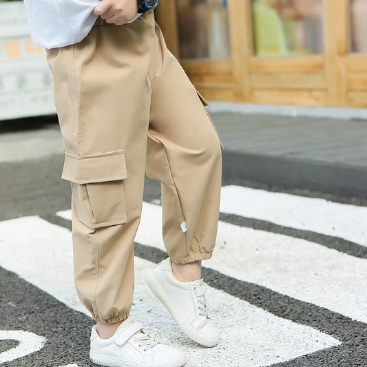 Kids Cargo Pants Solid Color Children Casual Trousers with Multi Pockets Elastic Waist Boys Cargo Pant Streetwear Spring Autumn