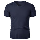 Homens Corrida Esportes Fitness Verão Novo Alto Elástico Listra Vertical Manga Curta Decote em V Slim Fit Malha Inferior Camisa Top