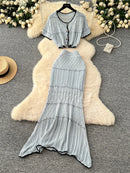 SINGREINY Verão Suave Ternos de Tricô Mulheres Botão Design Manga Curta O Pescoço Tops + Bodycon Saia Gancho Flor Oco 2pcs Set