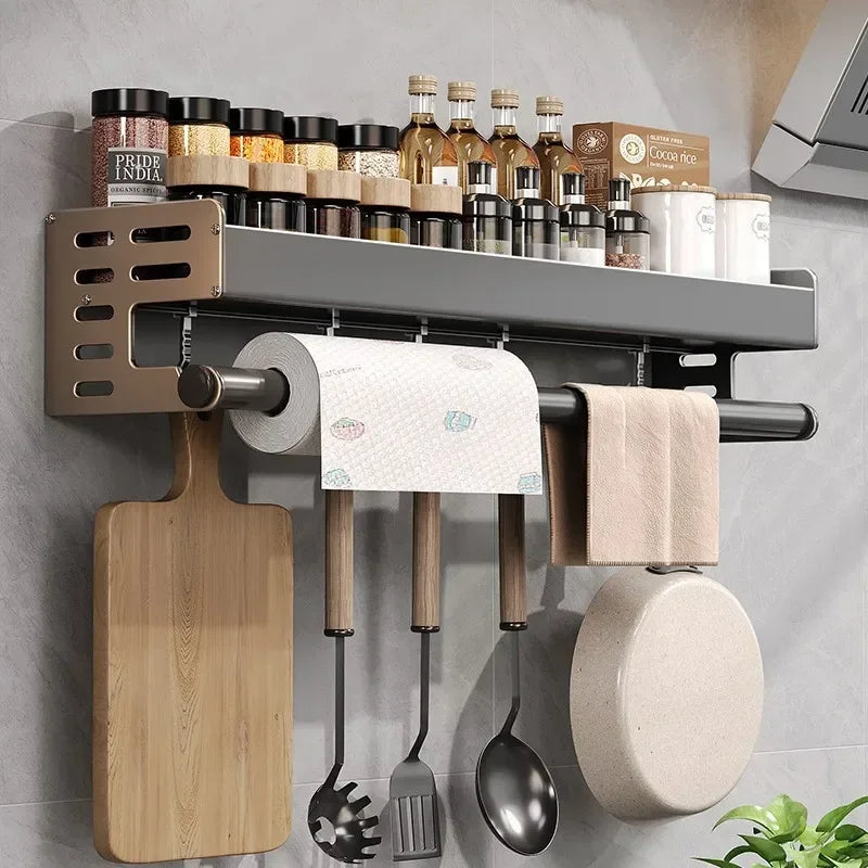 Elegante rack de condimentos de cozinha montado na parede com caixa de armazenamento Suporte multifuncional para utensílios domésticos com dispensador de vinagre de óleo