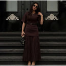 2025 Chic Splicing Brown Meia Manga Maxi Vestido Feminino Casual Plissado A Linha Slim Vestidos Femininos Escritório Comutar Vestes de Rua