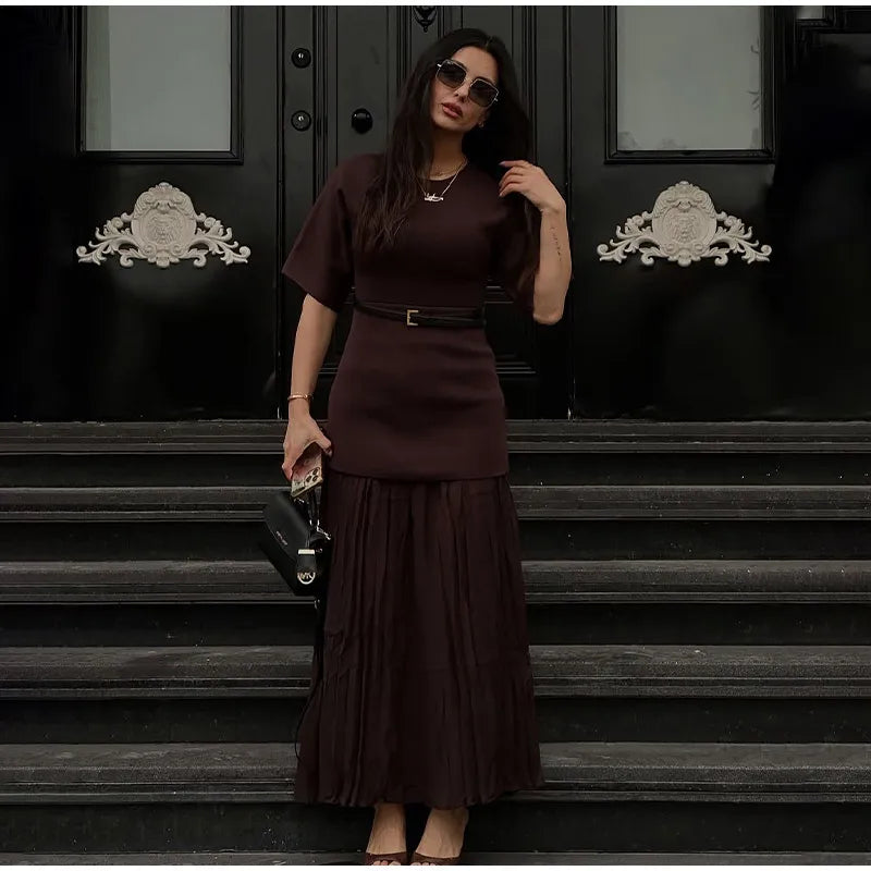 2025 Chic Splicing Brown Meia Manga Maxi Vestido Feminino Casual Plissado A Linha Slim Vestidos Femininos Escritório Comutar Vestes de Rua
