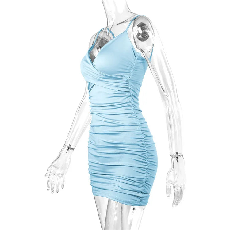 Fairyshely Sexy Ruffle Deep V Short Club Dress Senhoras 2024 Verão Azul Bodycon Vestidos Festa de Noite Mini Vestido Apertado