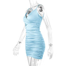 Fairyshely Sexy Ruffle Deep V Short Club Dress Senhoras 2024 Verão Azul Bodycon Vestidos Festa de Noite Mini Vestido Apertado