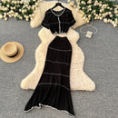 SINGREINY Verão Suave Ternos de Tricô Mulheres Botão Design Manga Curta O Pescoço Tops + Bodycon Saia Gancho Flor Oco 2pcs Set