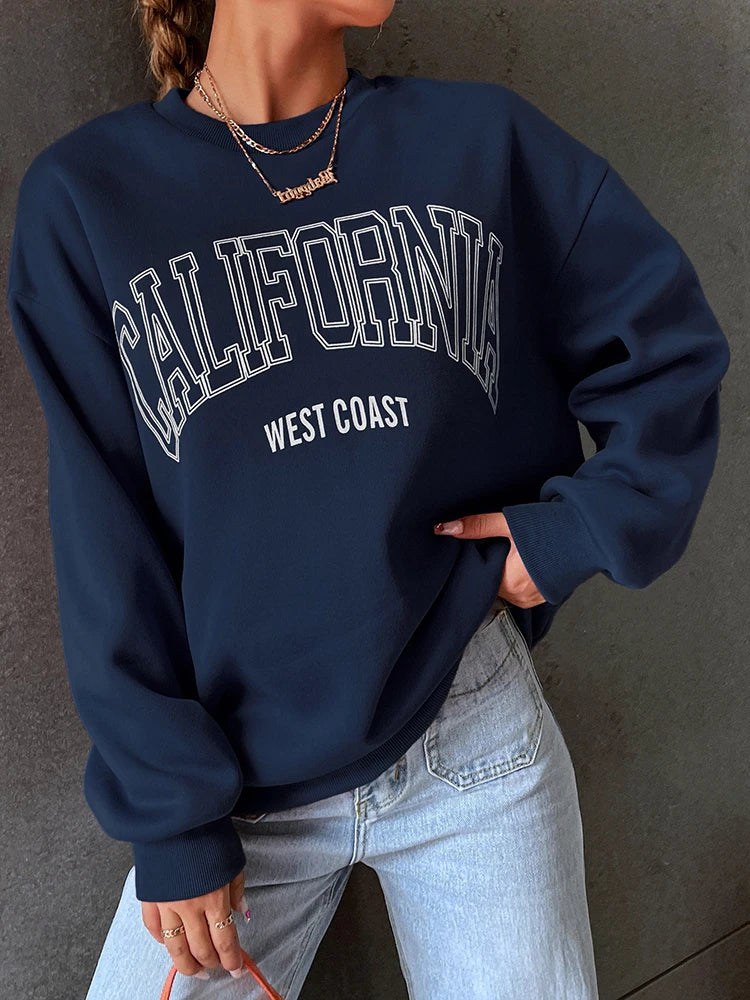 Tendência coreana Mulher Camisolas Califórnia Costa Oeste Impressão Feminino com capuz Mangas Compridas O-pescoço Pulôveres Roupas Esportivas e Ricas