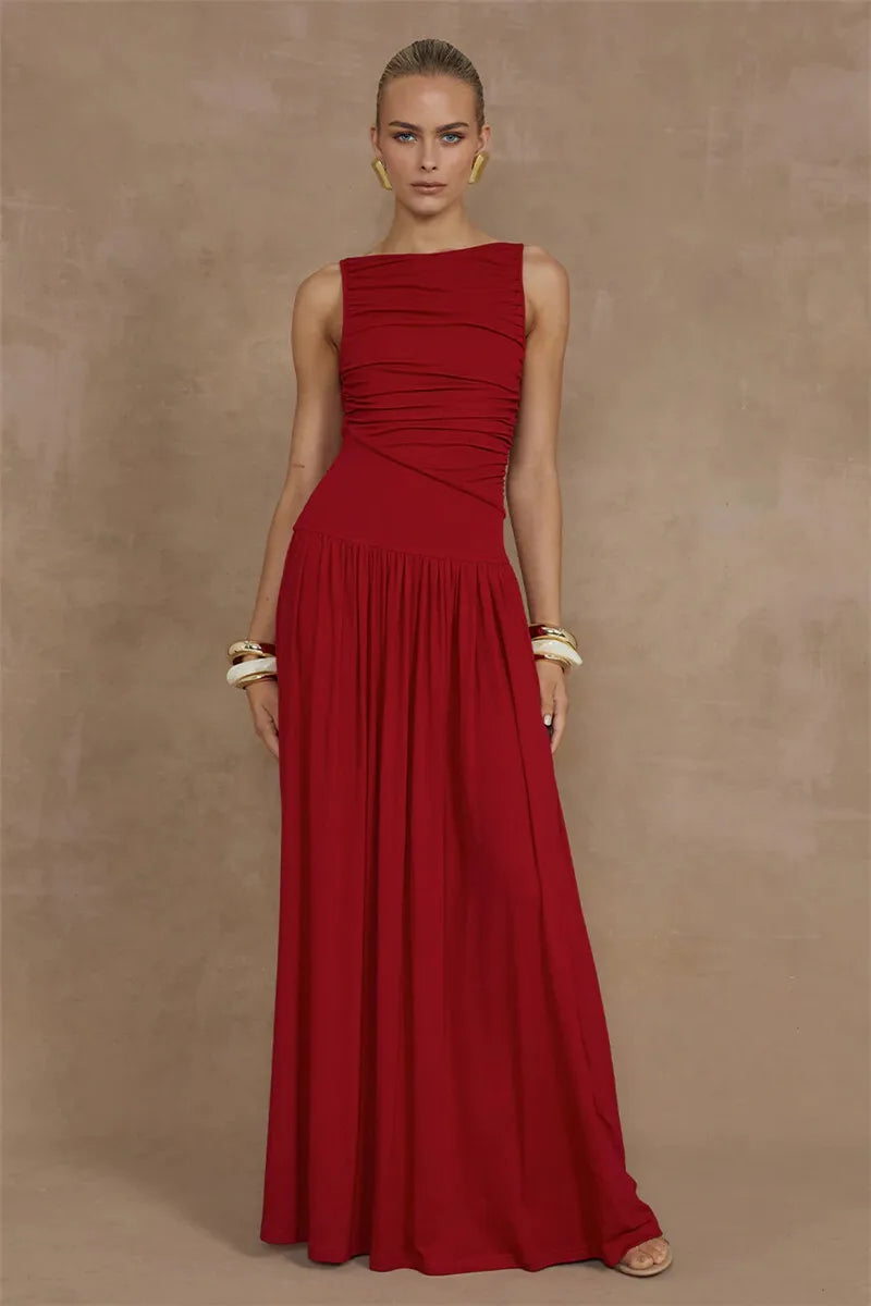 Mozision Elegante Sem Mangas Maxi Vestido Para As Mulheres Moda Sólida Barco Pescoço Tanque Vestidos Senhoras Sexy Ruched Vestido Longo Novo Vestido