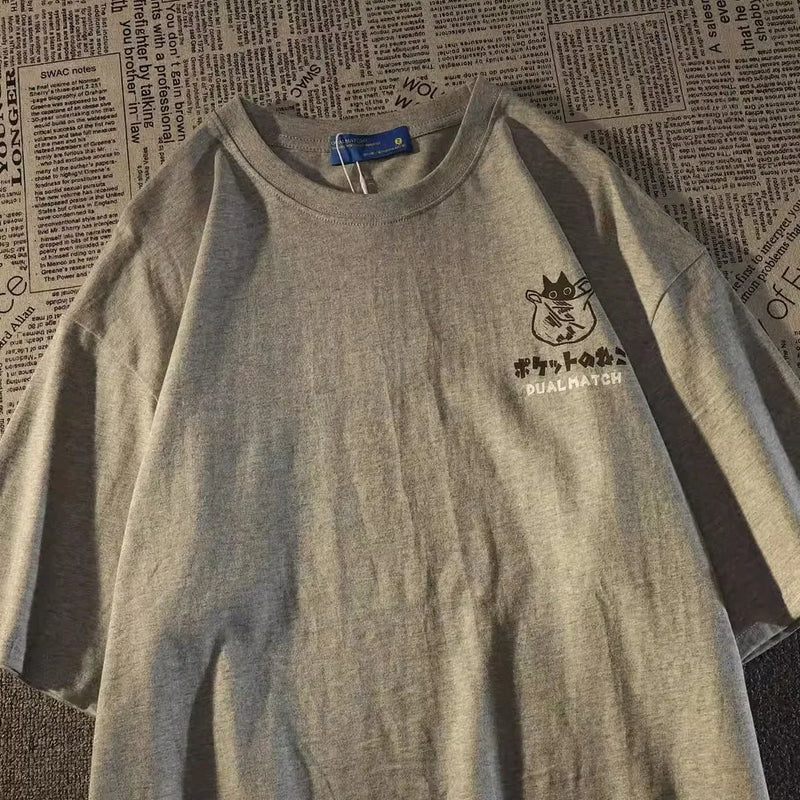 Verão japonês retro bolso gato desenho animado impresso manga curta camiseta masculino feminino casais unissex estilo universitário grande top