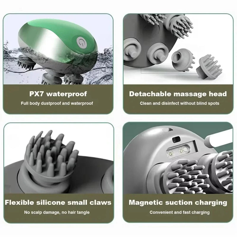 Massageador de Cabeça Elétrico de Silicone com Ventosa Magnética para Couro Cabeludo, Recarregável, Silicone para Ombro, Multifuncional, Amassamento e Vibração, Spa para Cabeça