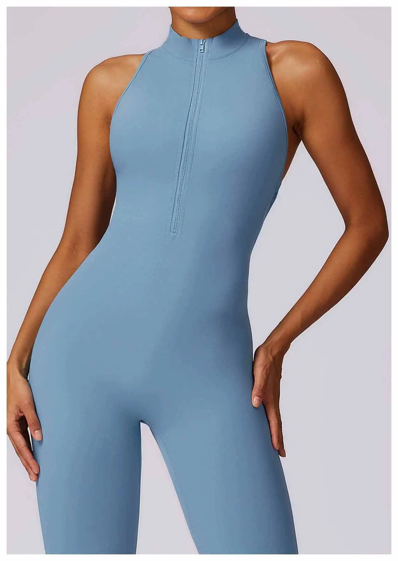 V Voltar Terno De Uma Peça Das Mulheres Macacão Esportivo Zíperes Yoga Macacão Backless Sportswear Mulheres Sleeveles Workout Bodysuits Feminino