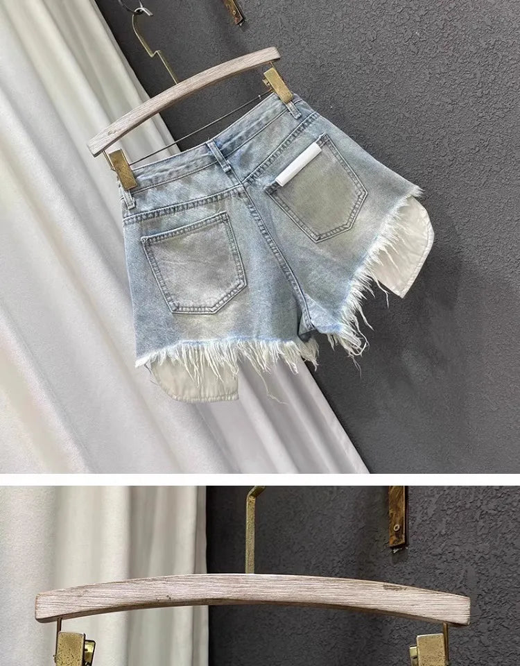 2025 Novas Mulheres Cintura Alta Buracos de cor clara Projetado Shorts Jeans Femininos em forma de A Jeans rasgados s-xl rosa azul