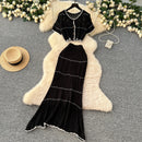 SINGREINY Verão Suave Ternos de Tricô Mulheres Botão Design Manga Curta O Pescoço Tops + Bodycon Saia Gancho Flor Oco 2pcs Set