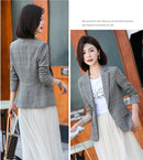 Jaqueta de Blazer Xadrez Listrado Cinza Moda Feminina Casacos Slim Decote em V Único Botão Senhoras Blazers S-XXXXXL