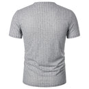Homens Corrida Esportes Fitness Verão Novo Alto Elástico Listra Vertical Manga Curta Decote em V Slim Fit Malha Inferior Camisa Top